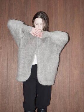 Japanese Oversized Mohair Blend Cardigan Chunky Knit Sweater Balloon Sleeve